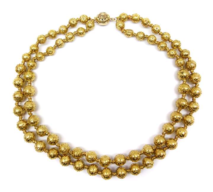 19th century two row graduated gold ball necklace with wirework decoration
